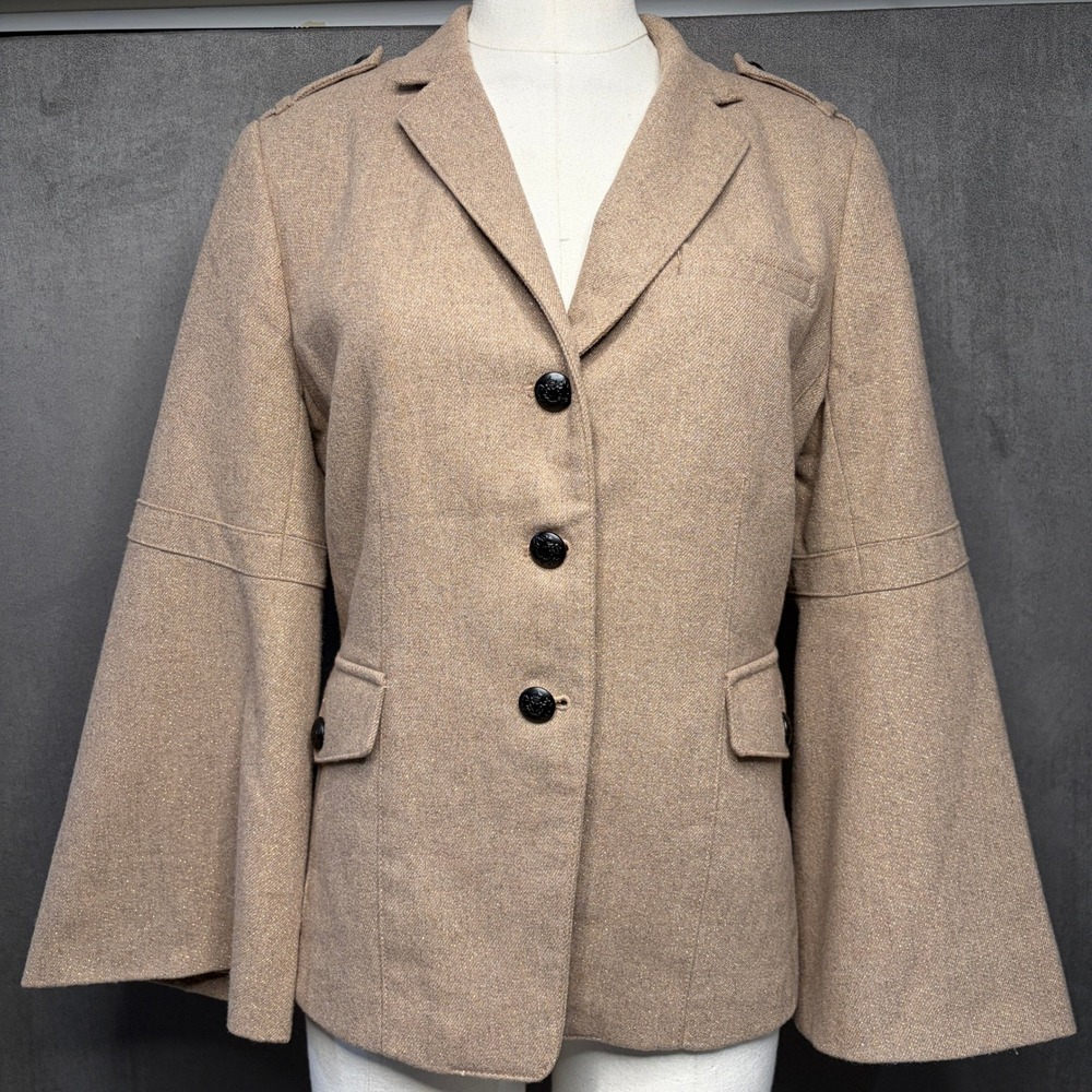 Banana Republic Blazer Women 10 Tan Gold Shimmer Bell Sleeve Military Wool Blend
